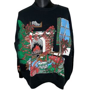 Vintage Nutcracker Ugly Christmas Sweater Graphic Fireplace Tree Black Red XL